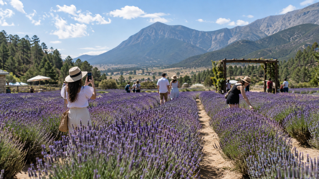 Visitantes recorren campos de lavanda en una zona montañosa de Arteaga