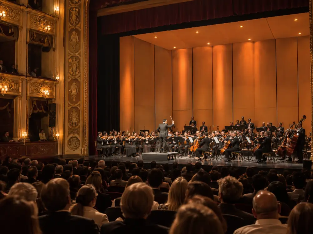 Orquesta sinfónica durante un concierto en un teatro