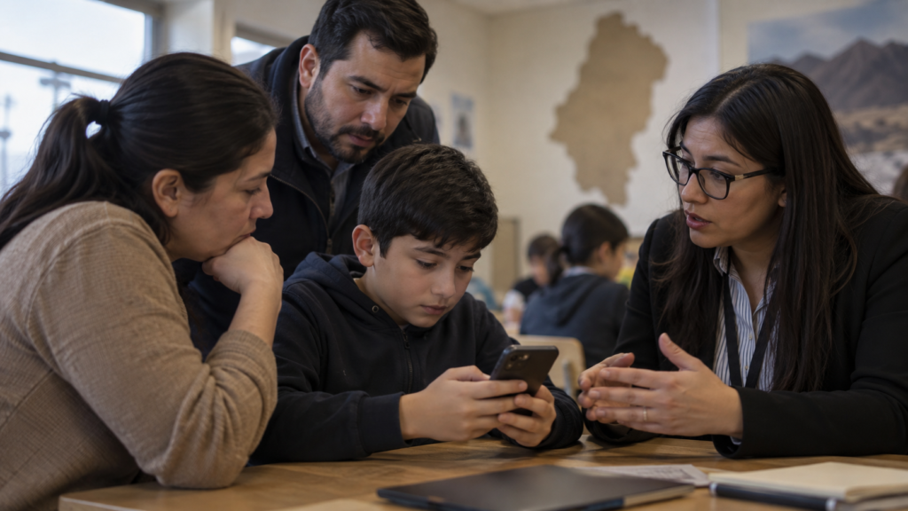 Familia y especialista conversan sobre el uso seguro de teléfonos por menores