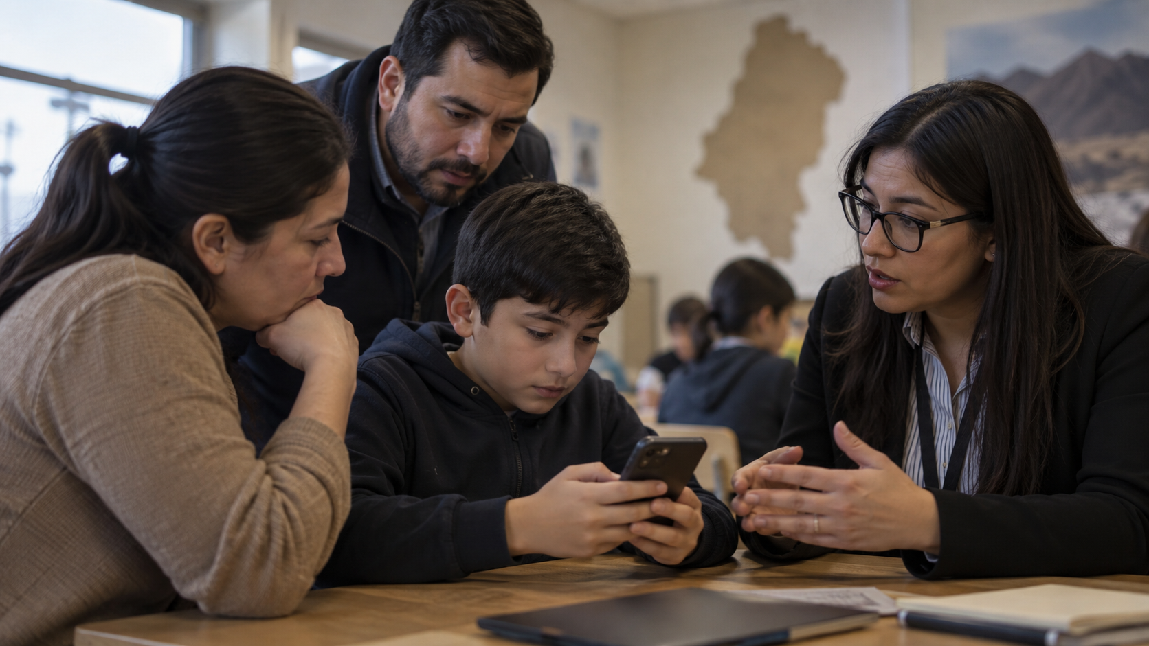 Familia y especialista conversan sobre el uso seguro de teléfonos por menores